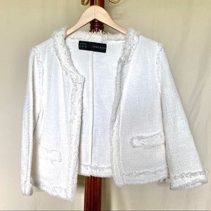 ZARA White Tweed-Look Open Jacket